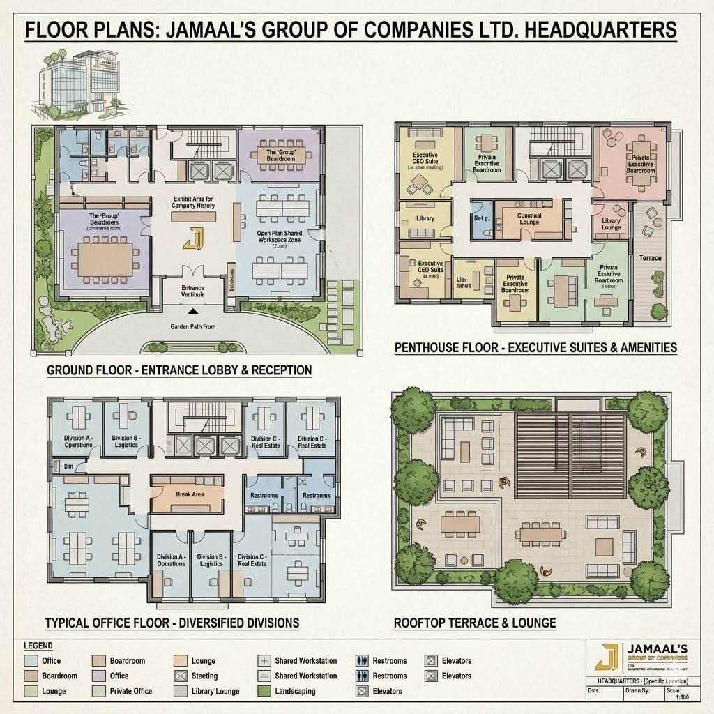 Architectural floor-plan drawings prepared by Jamaal's Industrial for a headquarters building