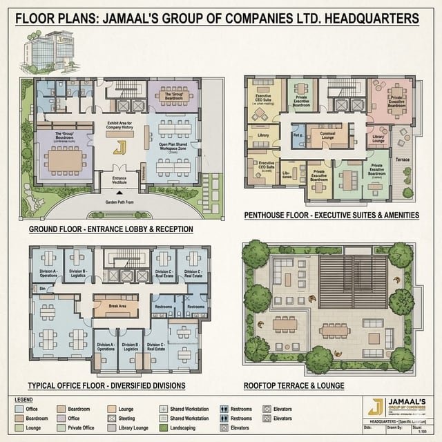 Architectural floor-plan drawings prepared by Jamaal's Industrial for a headquarters building